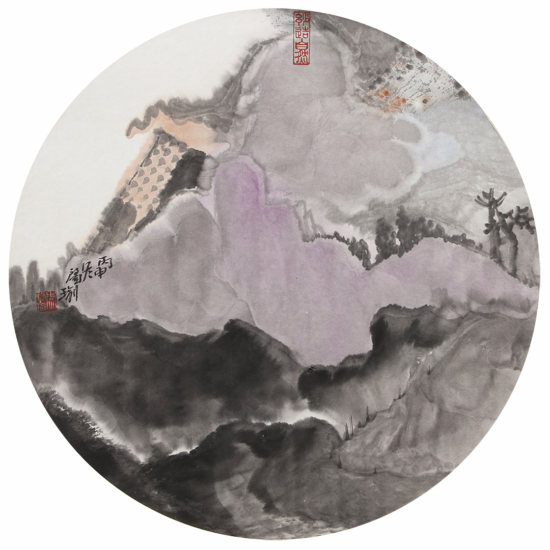 《紫韵二》直径50 cm 写意山水 团扇 纸本水墨 2016年